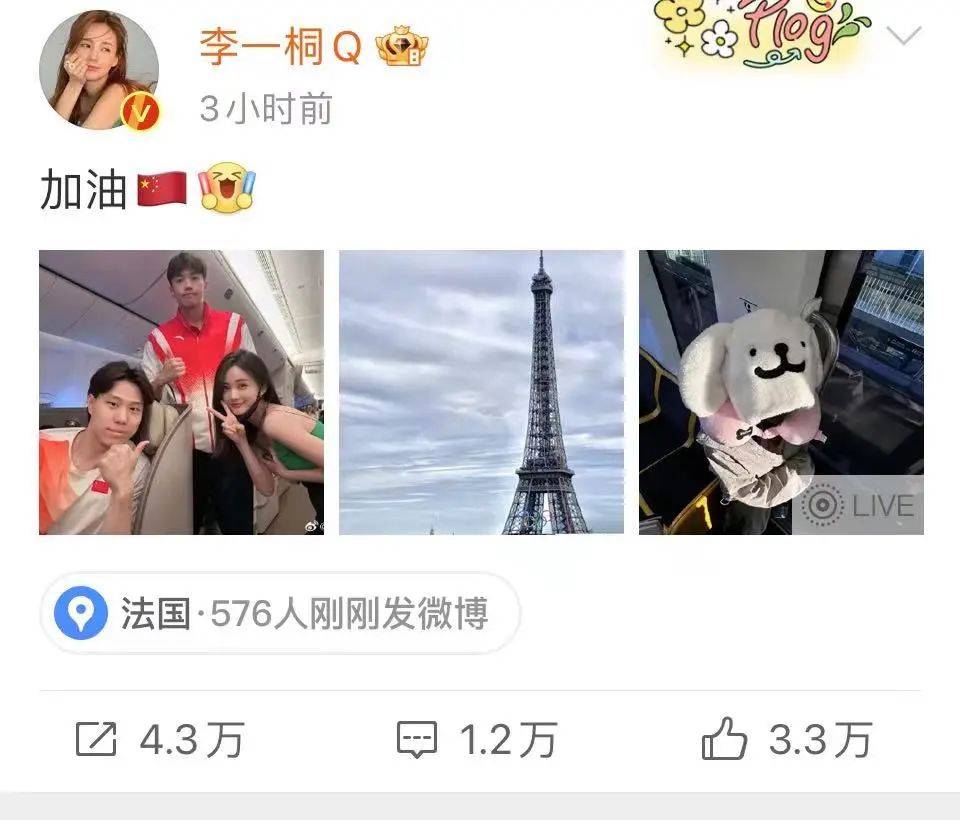 李一桐巴黎偶遇中国游泳队 ，晒合照加油